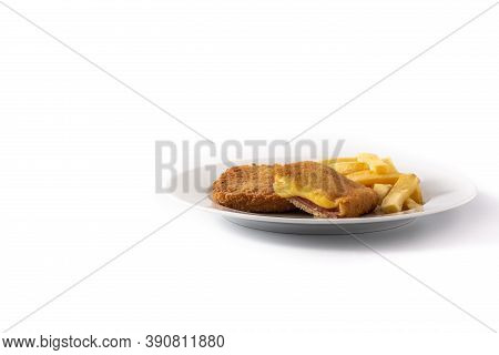 San Jacobo Steak Filled With Cheese And Ham Isolated On White Background. Copy Space