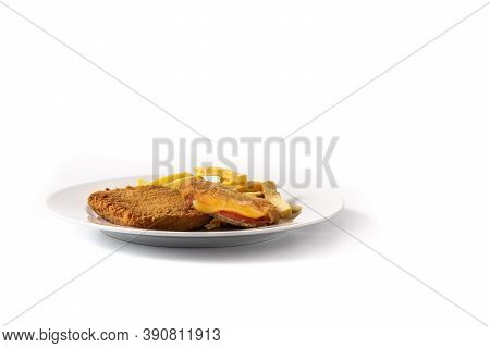San Jacobo Steak Filled With Cheese And Ham Isolated On White Background. Copy Space