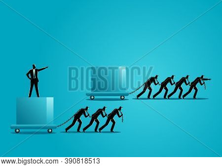 Business Concept Illustration Of Businessmen Dragging A Big Box, Leading The Race Against Slower Gro