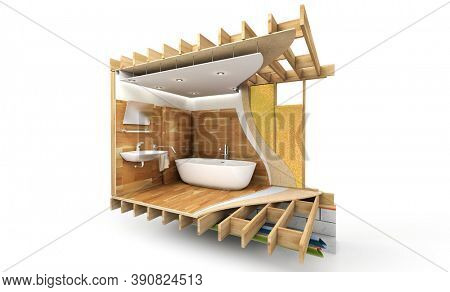 3D rendering of a bathroom section showing all technical details