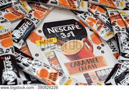 Many Nescafe Caramel Cream Coffee Sticks. Nescafe Is A Brand Of Coffee Made By Nestle, Swiss Multina