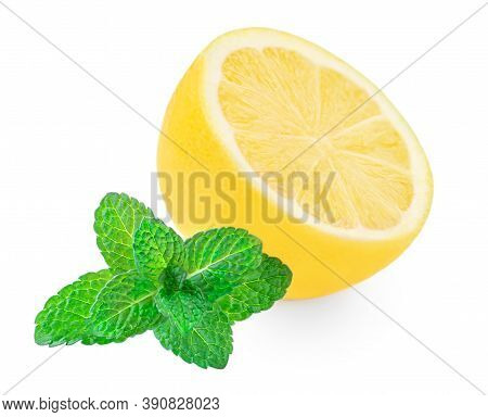 Lemon And Mint Herb Isolated On White Background. Halved Lemon Fruir Close Up
