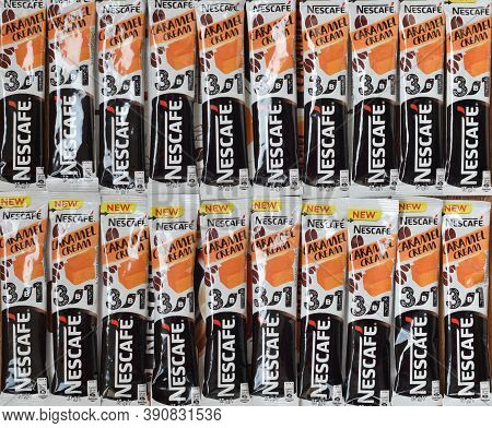 Many Nescafe Caramel Cream Coffee Sticks. Nescafe Is A Brand Of Coffee Made By Nestle, Swiss Multina