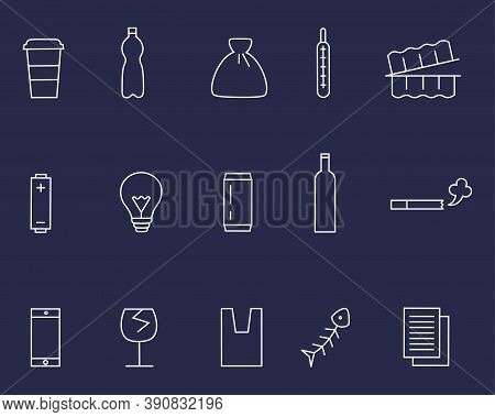 Different Kinds Of Waste Icons Set On A Dark Background. Thin Lines. Set Includes Such Icons As Plas