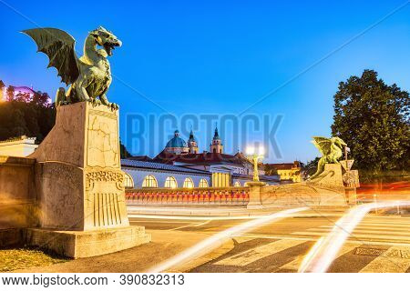 Dragon Bridge At Dusk In Ljubljana, Slovenia