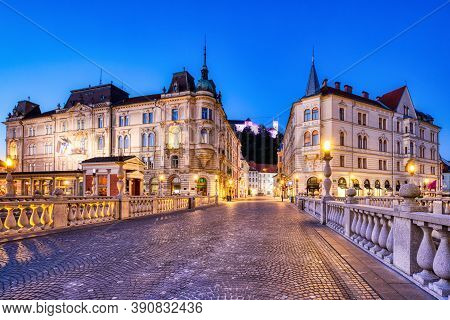 Ljubljana City Center At Dusk In Slovenia