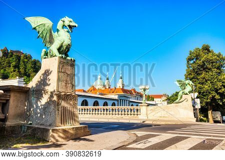 Dragon Bridge During A Sunny Day In Ljubljana, Slovenia