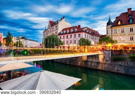 Ljubljana City Center At Dusk In Slovenia