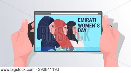 Beautiful Arab Girls On Tablet Screen Women Wearing Colorful Hijab Emirati Womens Day Greeting Card 