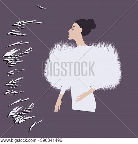 Faux Fur Cape, Smart, White - Elegant Woman - Abstract Background - Vector. Winter Clothes. Beauty F