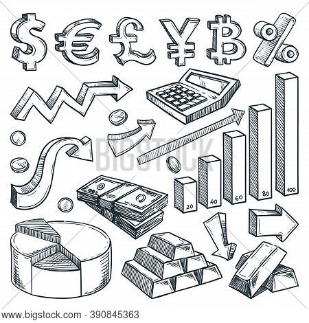 Currency, Money, Financial Graph And Diagram Business Icons. Investment And Finance Vector Sketch Il