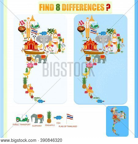 Find The Difference On The Map Of Thailand. National Symbols Of Thailand And Traditional Temples. Ch