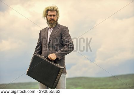 Happy And Successful Man Hold Money Case. Bearded Man Show Office Briefcase. Good Business Deal. Suc