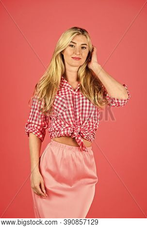 Life In Pink Color. Beauty And Fashion. Sexy Blonde Wear Vintage Clothes. Retro Woman With Makeup. B