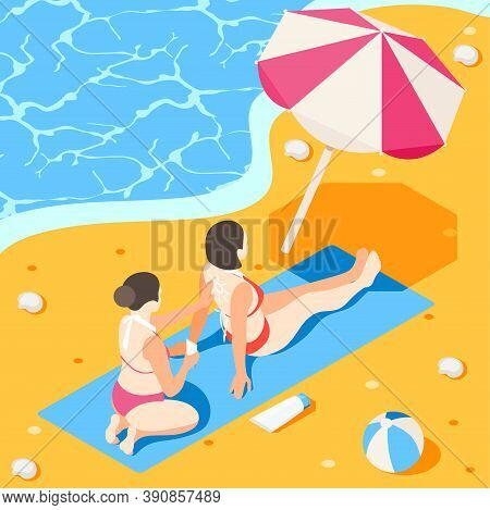 Sunscreen Isometric Background Composition With Female Characters Applying Sunburn Cream With Beach 