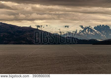 Sarmiento Channel, Chile - December 11, 2008: Amalia Glacier And Fjord. Ice Fields Of Glacier Descen