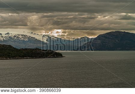 Sarmiento Channel, Chile - December 11, 2008: Amalia Glacier And Fjord. Ice Fields Of Glacier Under 