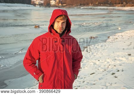 Active Rest. Travel And Expedition Concept. Man In Parka. Winter Male Fashion. Warm Clothes For Cold