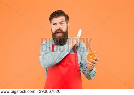 Mature Man Hold Knife And Vegetable. Chef Prepares Meal. Safe Cutting. Cutting Veggies. Ultimate Lis