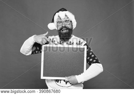 Its Up To You. Santa School Publicity. Happy Hipster Point Finger At Blank Publicity Board. New Year