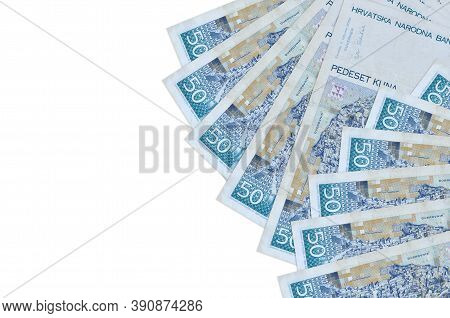 50 Croatian Kuna Bills Lies Isolated On White Background With Copy Space. Rich Life Conceptual Backg