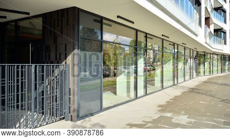 Panoramic Windows Of New Commercial Premises. Commercial Property In Development Standard For Rent.