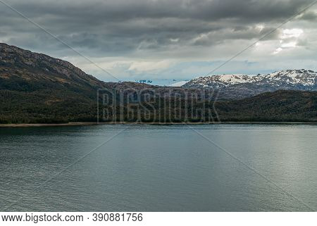 Sarmiento Channel, Chile - December 11, 2008: Amalia Glacier And Fjord. Blueish Shine Of Glacier On 