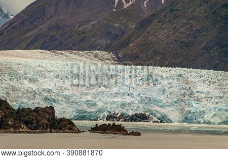 Sarmiento Channel, Chile - December 11, 2008: Closeup On Amalia Glacier Melting Point In The Water O