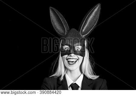 Sexy Model Dressed In Costume Easter Bunny. Pretty Bunny Girl Winking And Tongue Out. Easter Woman W