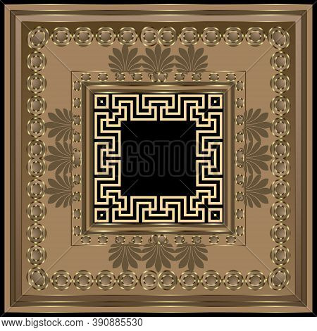Greek Square Frame. Floral Patttern. Vector Ornamental Ethnic Background. Ornate Backdrop. Greek Key