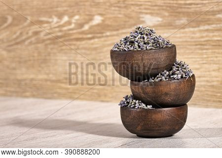 Dried Lavender Flowers In Three Wooden Bowls - Lavandula.