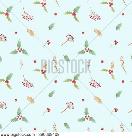 Seamless Pattern With Christmas Symbol Holly Leaves And Berries On A Blue Background.