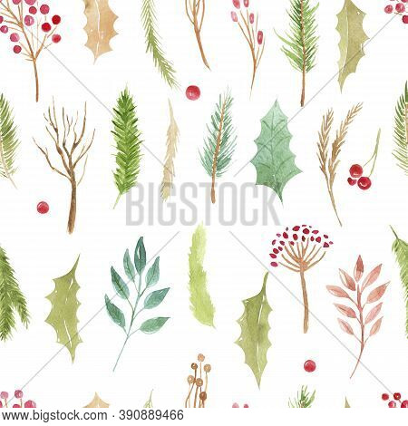 Seamless Pattern Christmas Boho Elements. Watercolor Winter Floral Set Holiday Branches, Leaves, Con