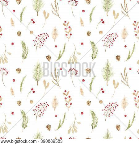 Seamless Pattern Christmas Boho Elements. Watercolor Winter Floral Set Holiday Branches, Leaves, Con