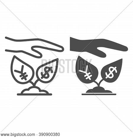 Yen And Dollar Growth Control Line And Solid Icon, Economic Sanctions Concept, Protective Hand With 