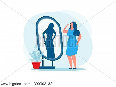 Fat Lady In Blue Dress Looking At Mirror Fit Reflection.