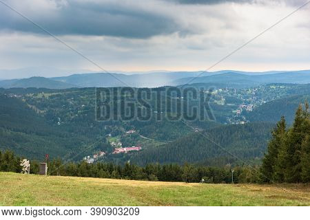 Summer Panoramic View Of Rainy Czech Karkonosze Mountains From Ski Slope Of Certova Mountan In Harra