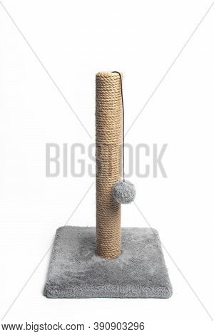 Isolated Scratching Post On A White Background . Pet Products. Grey Scratching Post. Games For Anima
