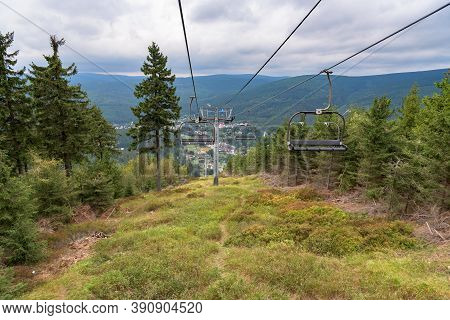 Summer View Of Ski Lift On Certova Mountain In Harrachov, Czech Republic