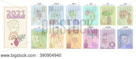 2020 Calendar Woman Face Minimal Line Art. Set Of 12 Months One Line Woman Contemporary Portrate Abs
