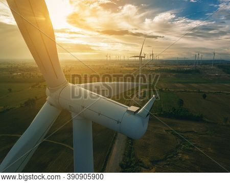 Wind Turbines. Power Plant With Wind Turbine, Clean Energy Generator Wind Turbine In Wind Farm.