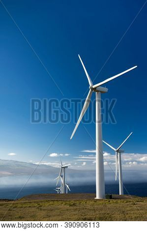 Wind Turbines. Power Plant With Wind Turbine, Clean Energy Generator Wind Turbine In Wind Farm.
