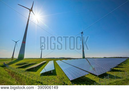 Wind Turbines. Power Plant With Wind Turbine, Clean Energy Generator Wind Turbine In Wind Farm.