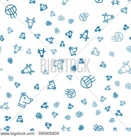 Set Line Dog Head, Jellyfish And Cow On Seamless Pattern. Vector