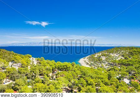 Drone Aerial View Of The Island Of Losinj, Pine Woods And Touristic Restorts On Beautiful Adriatic C