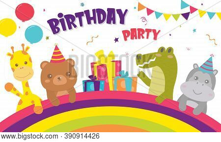 Vector Illustration Of Happy Birthday Animal With Cake , Giftbox Decoration For Greetings Card. Set 