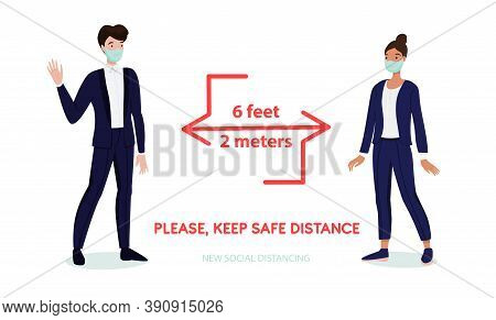 Social Distancing Info Banner With Businessman People In Protective Masks And Warning About Keep Saf