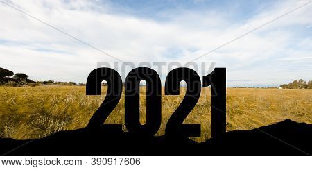 Greeting Card Decorated For New Year 2021 And Christmas. Landscape Scenery With 2021 On The Stone An