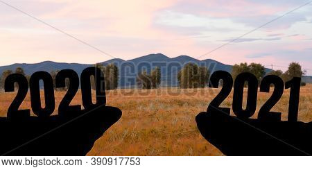 Greeting Card Decorated For New Year 2021 And Christmas. Landscape Scenery With 2021 On The Stone An