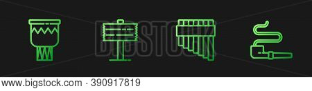 Set Line Pan Flute, Drum, Road Traffic Signpost And Smoking Pipe. Gradient Color Icons. Vector